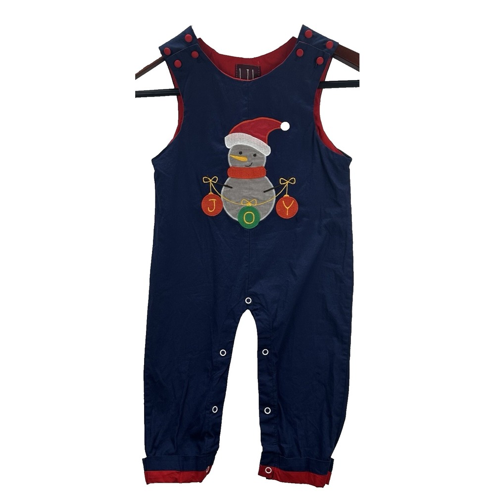 Lil Cactus Boy Overalls Size 2T Christmas Joy Snowman Blue Red Holiday (flaw)